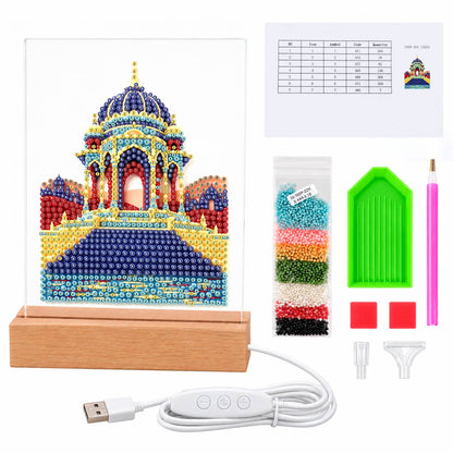 Blue-Domed Palace by the Water (Light-Up Pearl Painting)