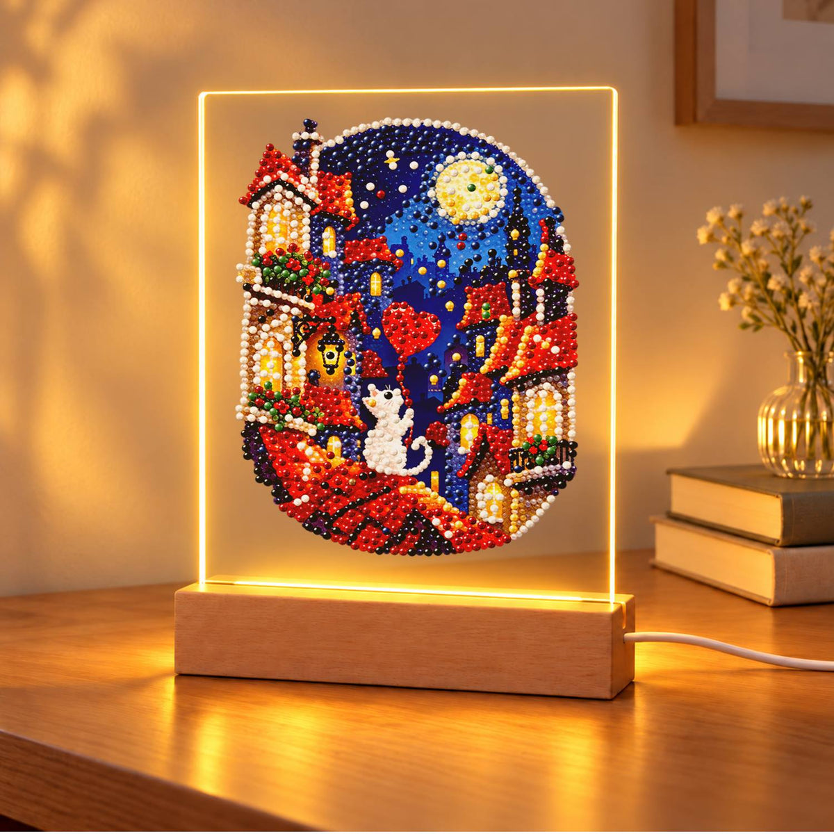 White Cat on Moonlit Rooftops (Light-Up Pearl Painting)
