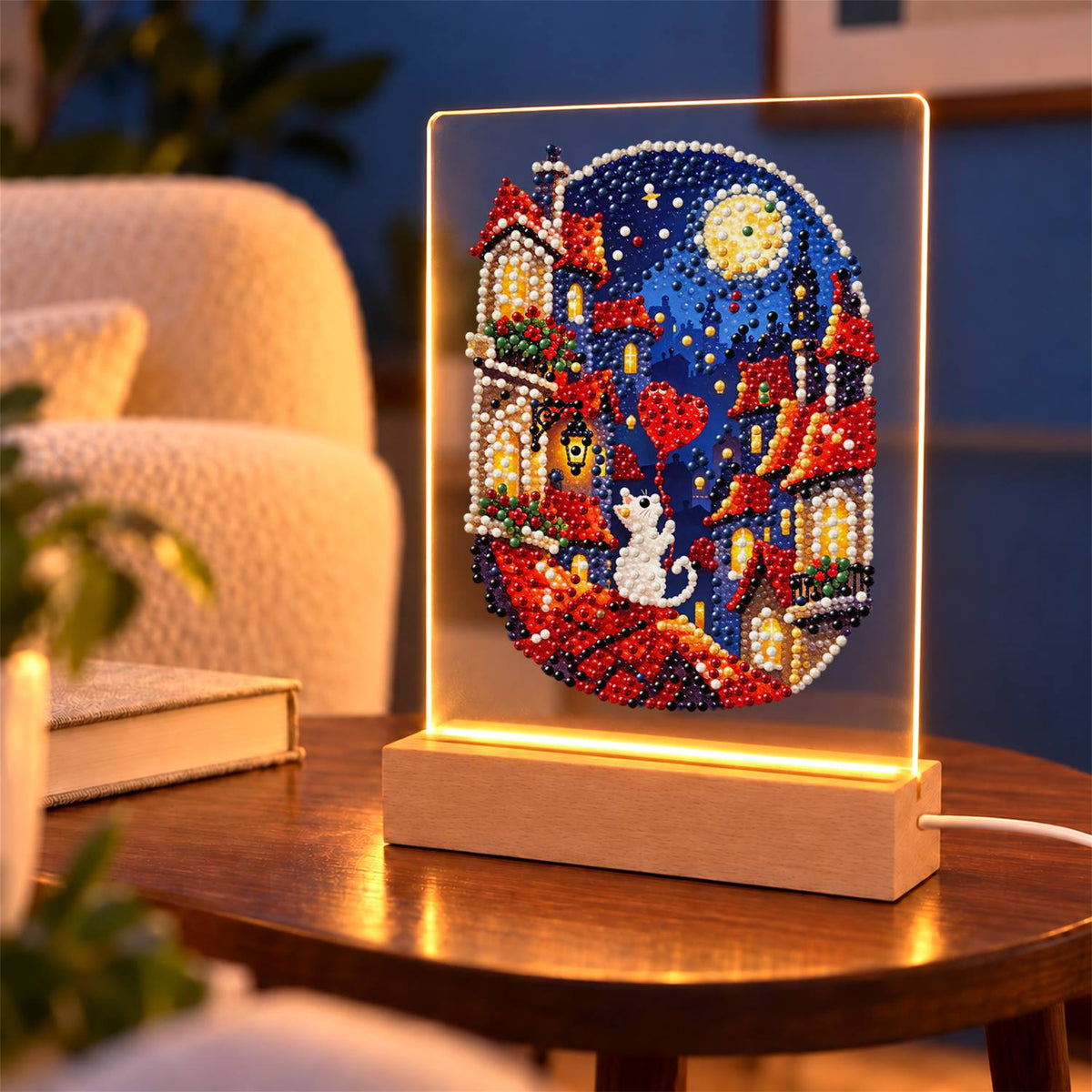 White Cat on Moonlit Rooftops (Light-Up Pearl Painting)