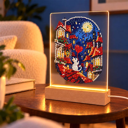 White Cat on Moonlit Rooftops (Light-Up Pearl Painting)