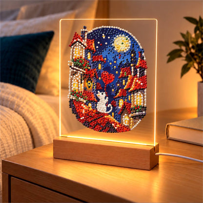 White Cat on Moonlit Rooftops (Light-Up Pearl Painting)