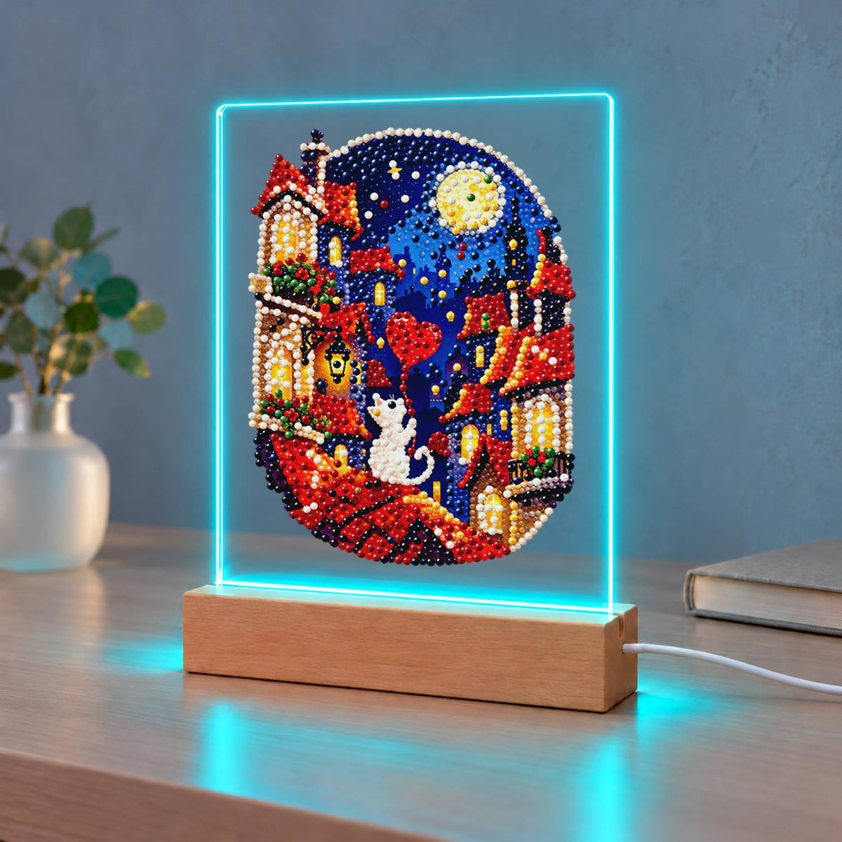 White Cat on Moonlit Rooftops (Light-Up Pearl Painting)