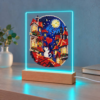 White Cat on Moonlit Rooftops (Light-Up Pearl Painting)