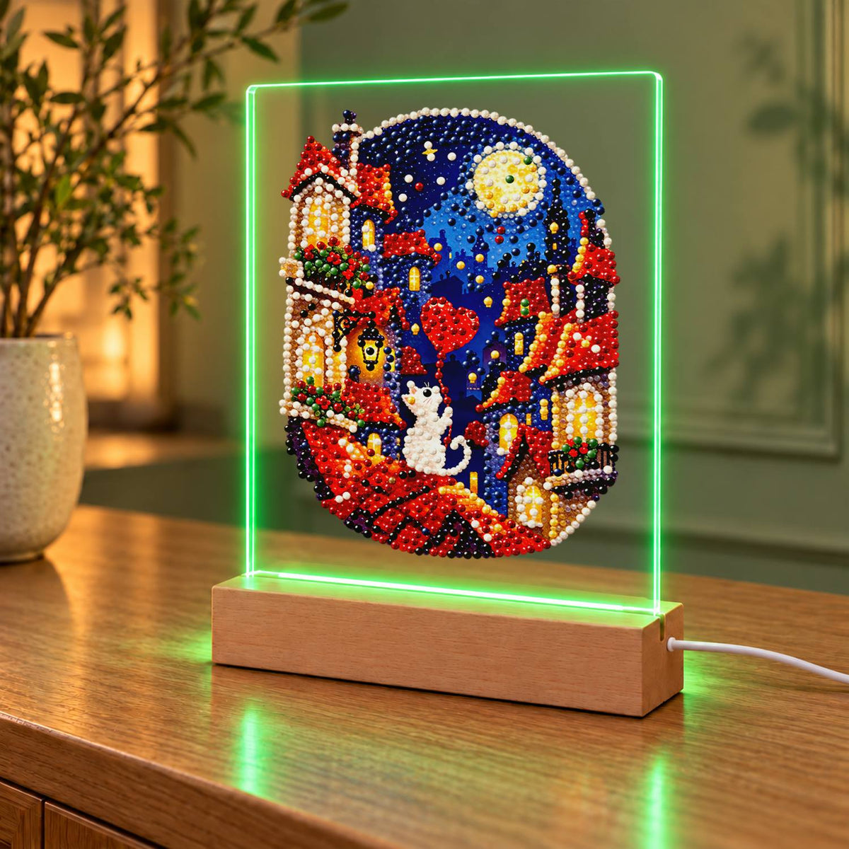 White Cat on Moonlit Rooftops (Light-Up Pearl Painting)