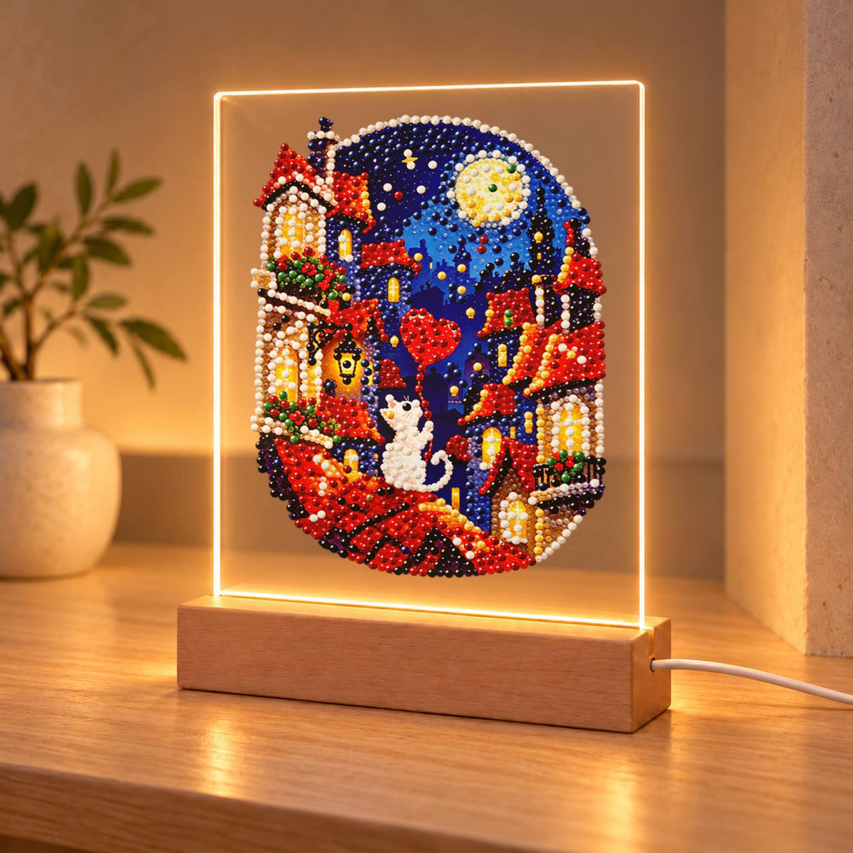 White Cat on Moonlit Rooftops (Light-Up Pearl Painting)