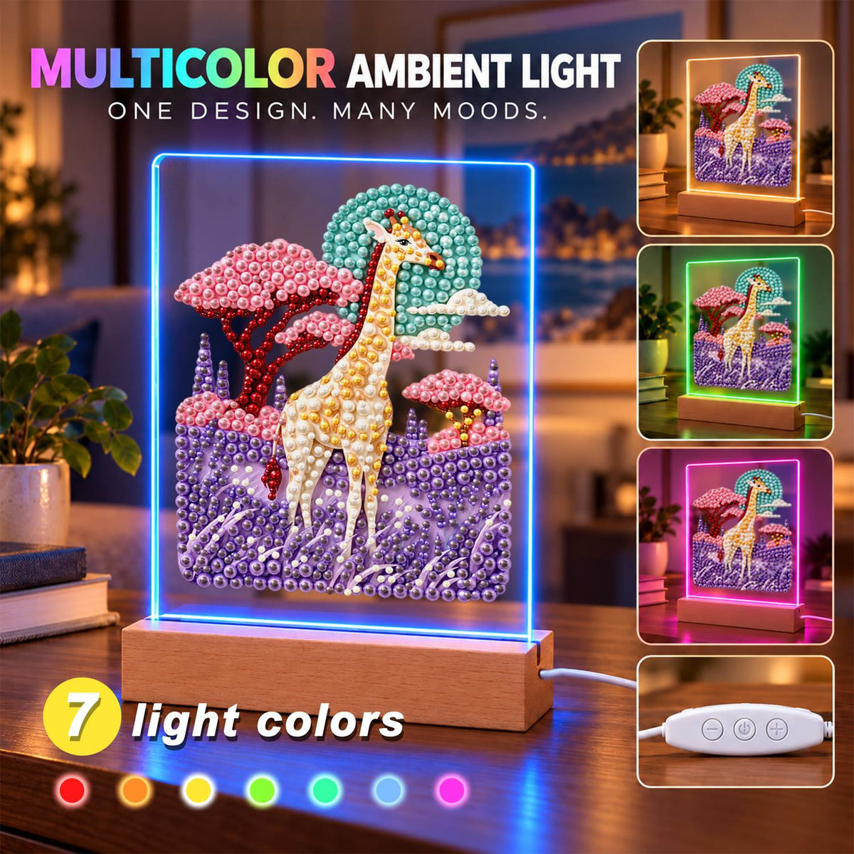 Giraffe in a Lavender Savanna (Light-Up Pearl Painting)