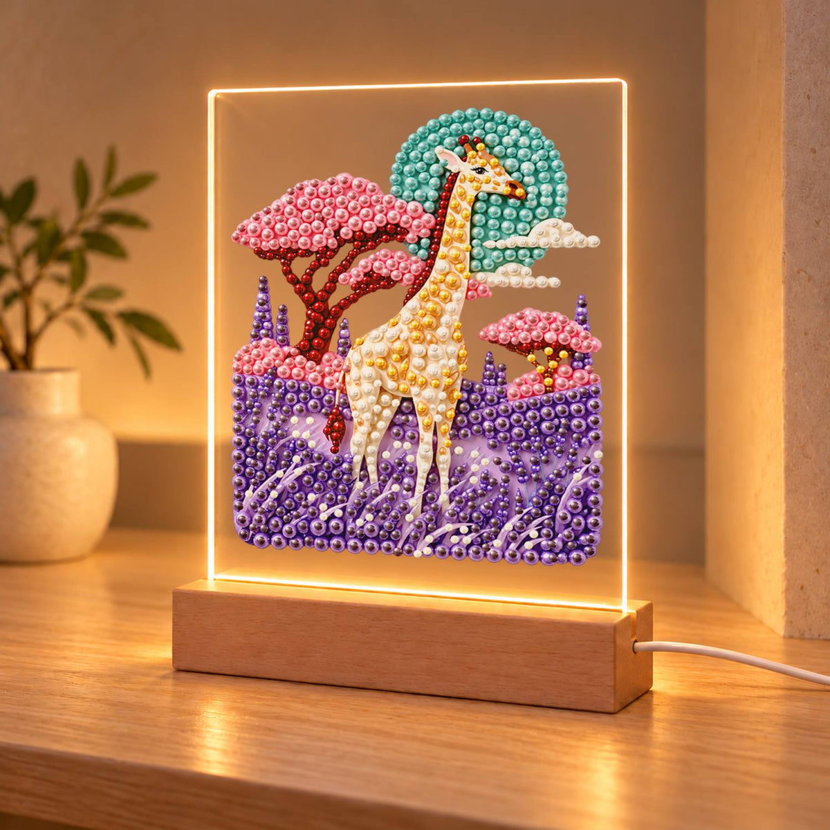 Giraffe in a Lavender Savanna (Light-Up Pearl Painting)