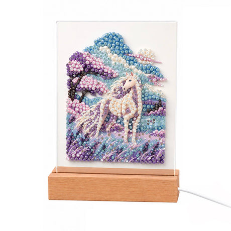 White Horse in a Lavender Field light-up pearl painting – White horse galloping through a lavender field under purple and blue trees and clouds