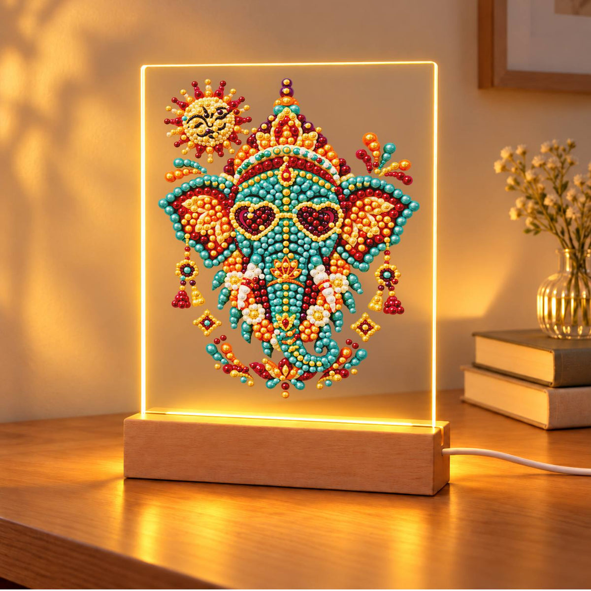 Jeweled Elephant in Heart Shades (Light-Up Pearl Painting)