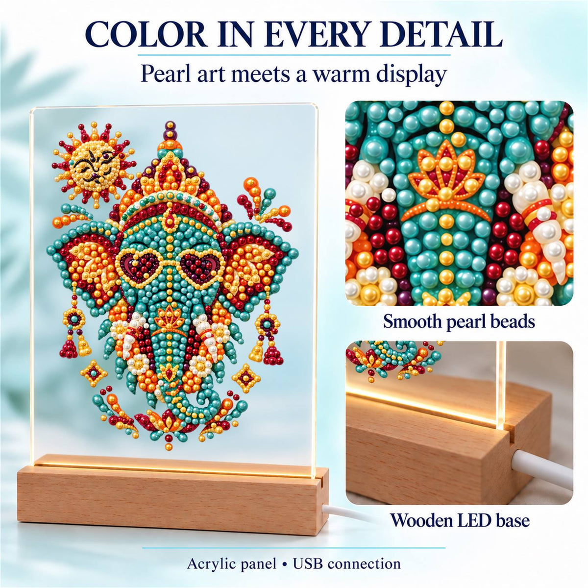Jeweled Elephant in Heart Shades (Light-Up Pearl Painting)
