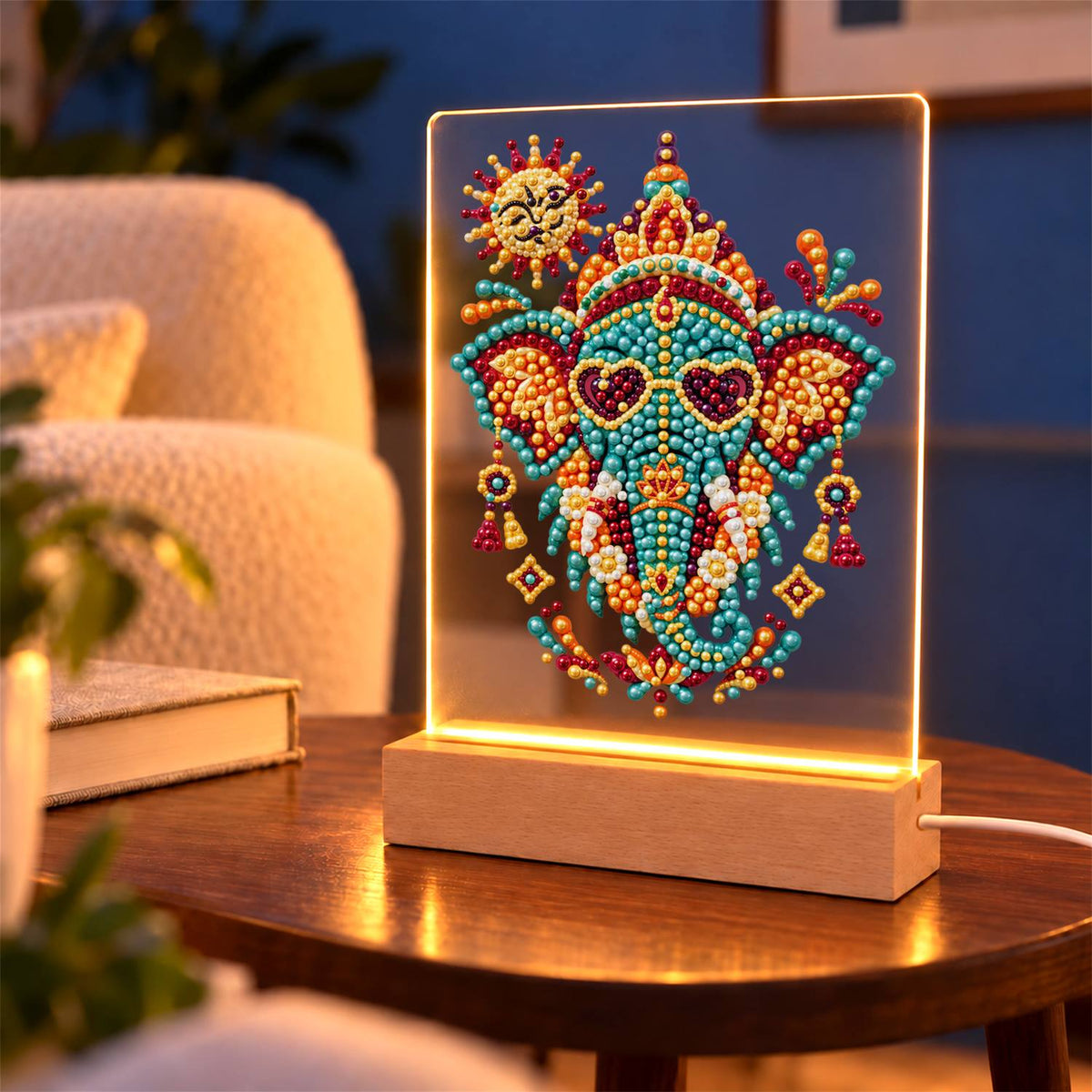 Jeweled Elephant in Heart Shades (Light-Up Pearl Painting)