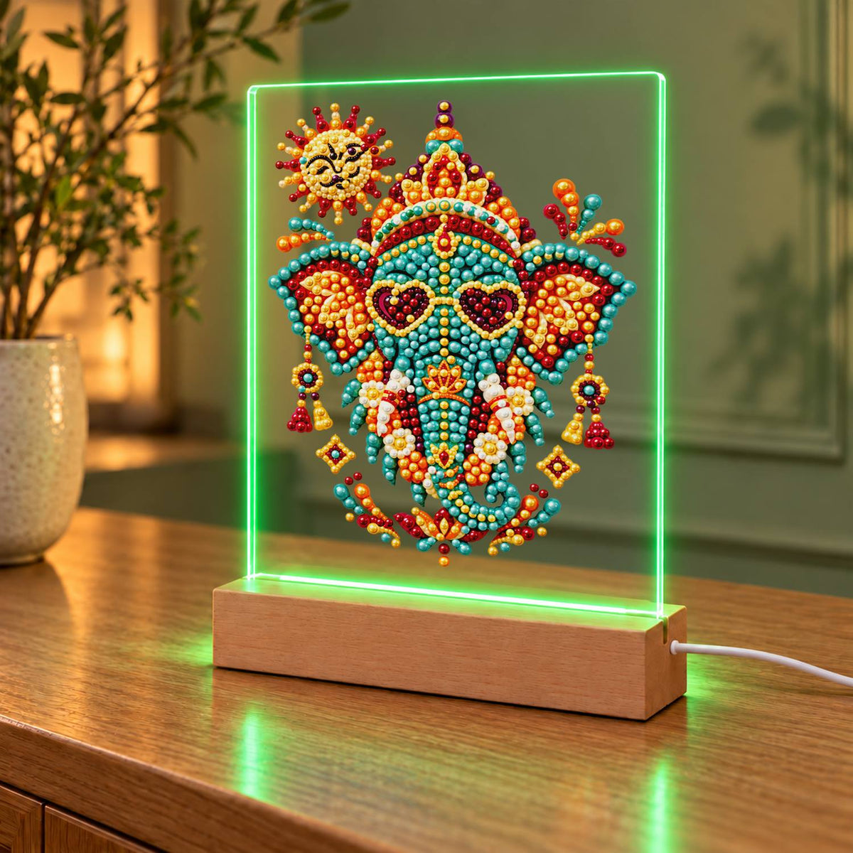 Jeweled Elephant in Heart Shades (Light-Up Pearl Painting)