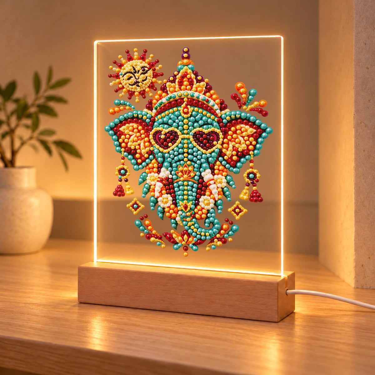 Jeweled Elephant in Heart Shades (Light-Up Pearl Painting)