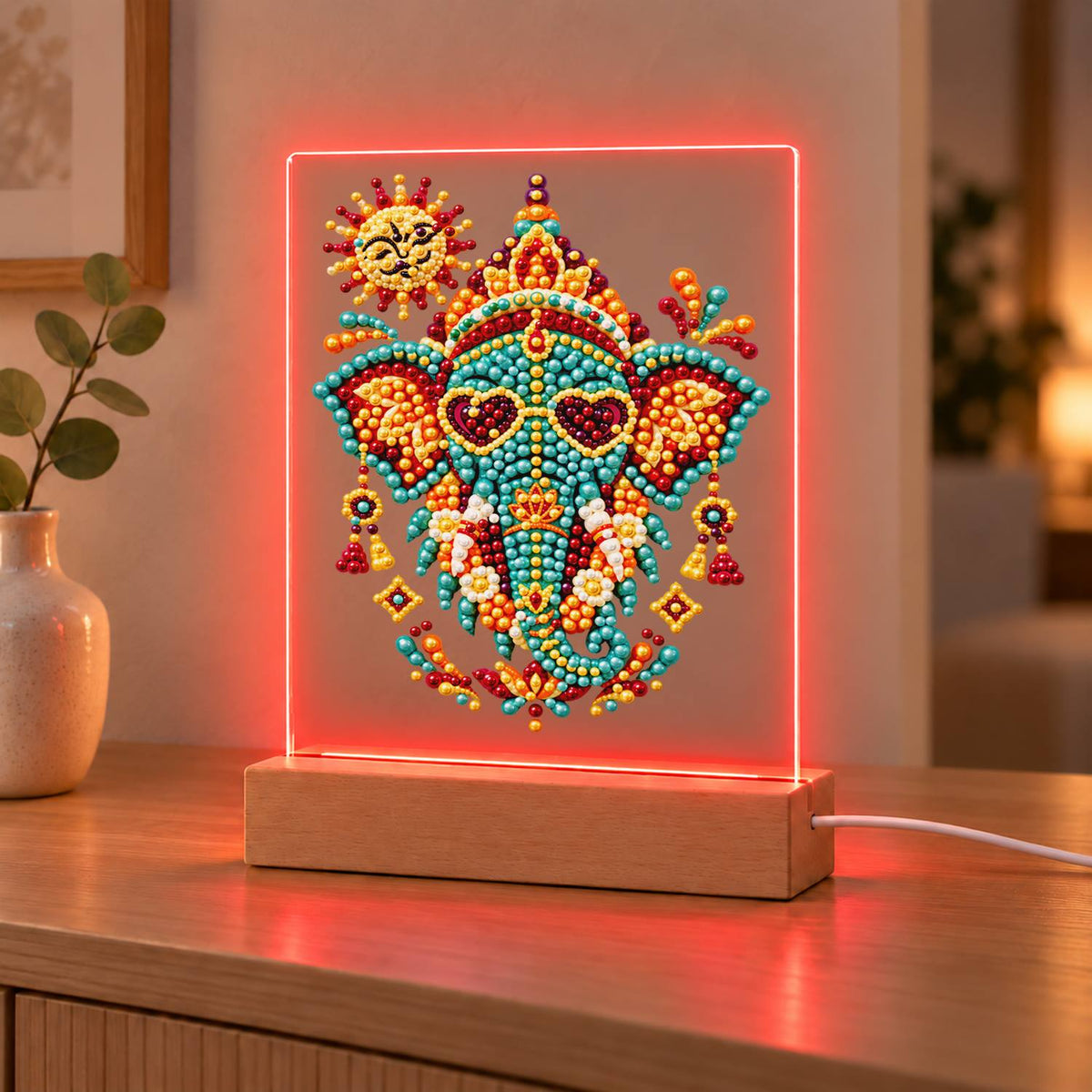 Jeweled Elephant in Heart Shades (Light-Up Pearl Painting)