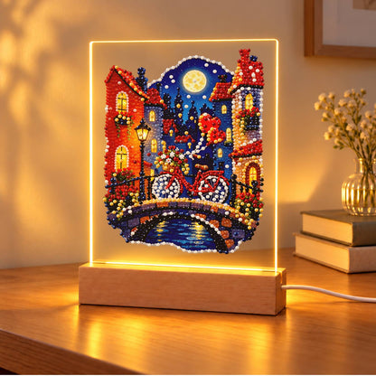 Red Bicycle on a Moonlit Bridge (Light-Up Pearl Painting)