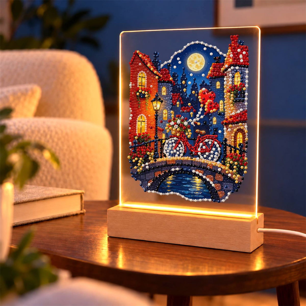 Red Bicycle on a Moonlit Bridge (Light-Up Pearl Painting)