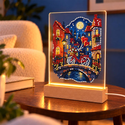 Red Bicycle on a Moonlit Bridge (Light-Up Pearl Painting)