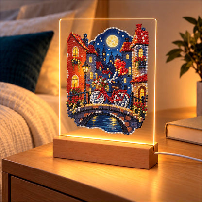 Red Bicycle on a Moonlit Bridge (Light-Up Pearl Painting)