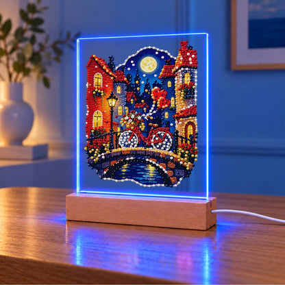 Red Bicycle on a Moonlit Bridge (Light-Up Pearl Painting)