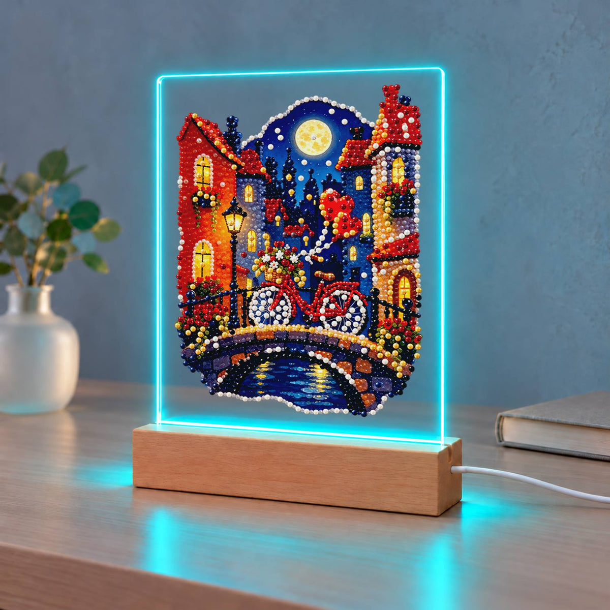 Red Bicycle on a Moonlit Bridge (Light-Up Pearl Painting)
