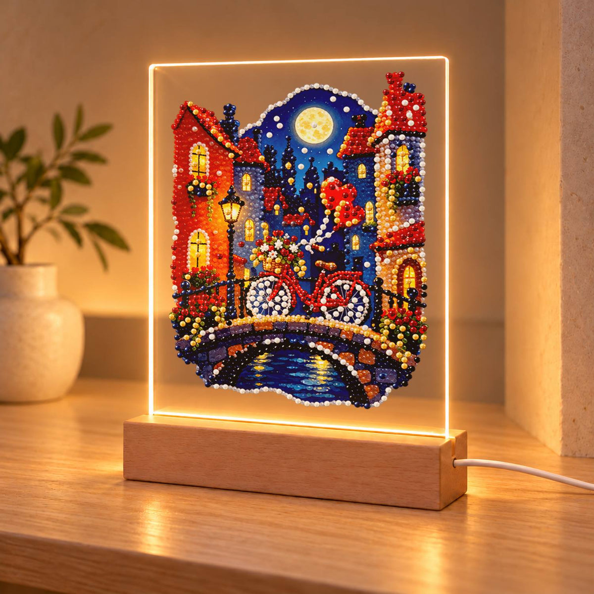Red Bicycle on a Moonlit Bridge (Light-Up Pearl Painting)
