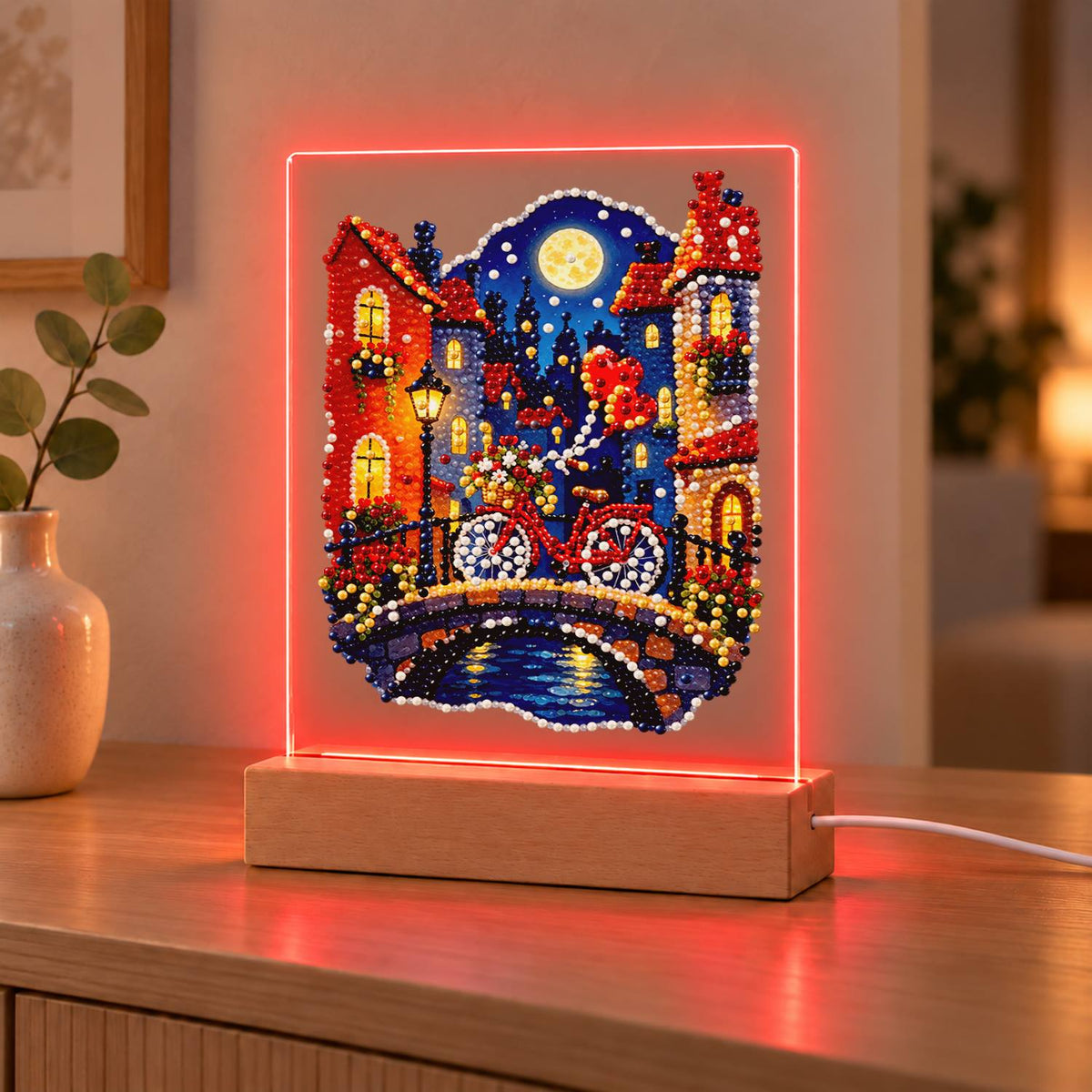Red Bicycle on a Moonlit Bridge (Light-Up Pearl Painting)