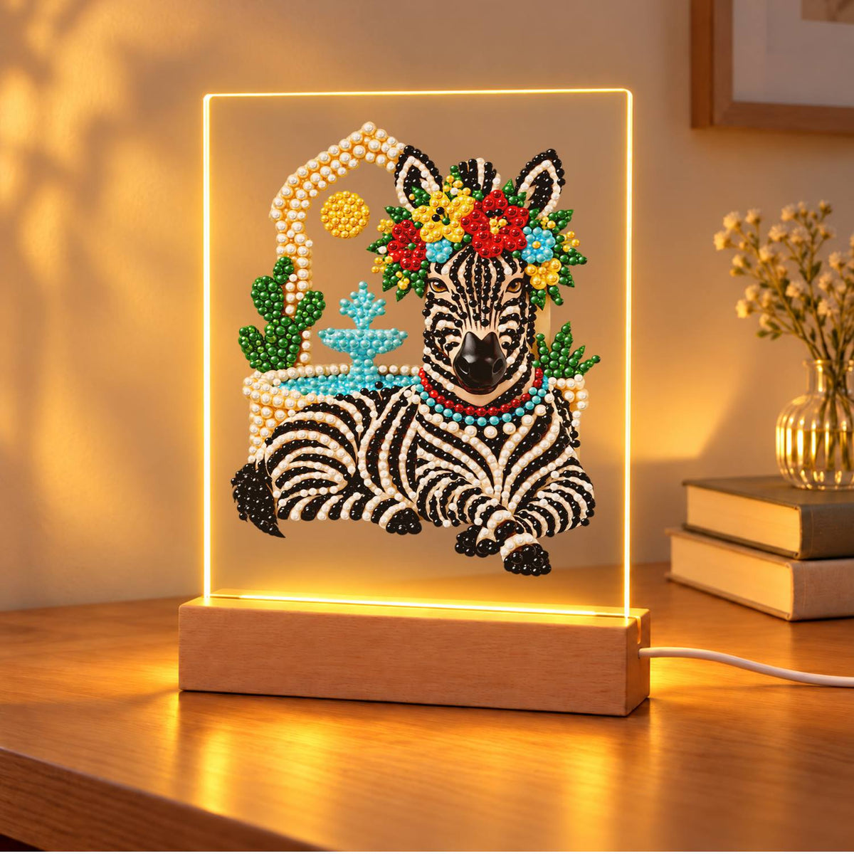 Flower-Crowned Zebra at Rest (Light-Up Pearl Painting)