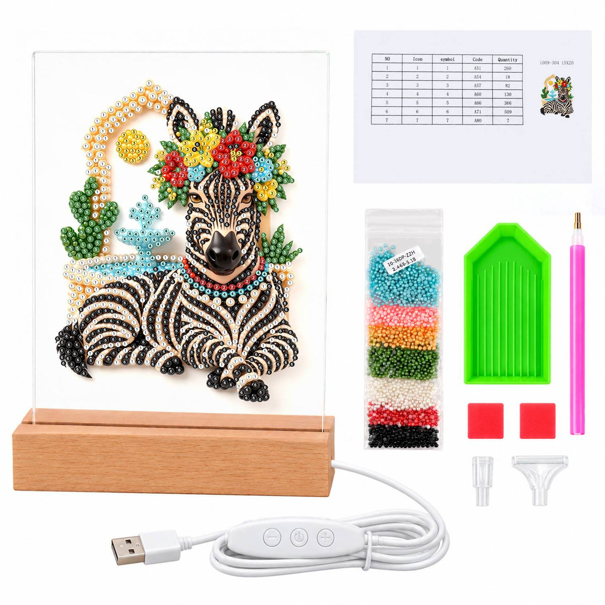Flower-Crowned Zebra at Rest (Light-Up Pearl Painting)