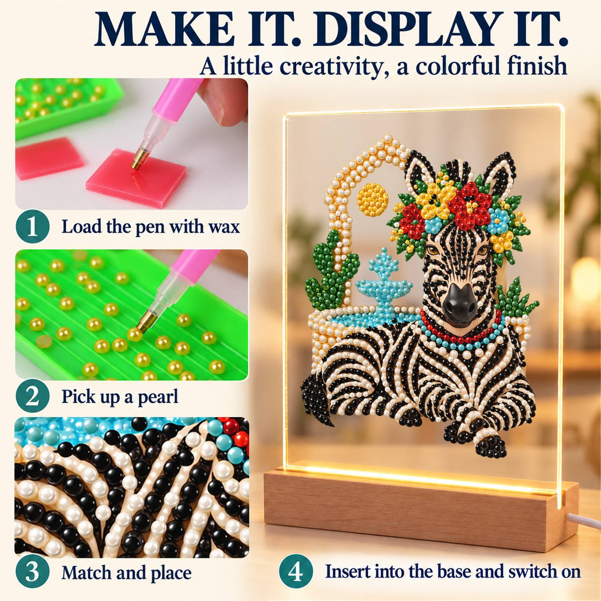 Flower-Crowned Zebra at Rest (Light-Up Pearl Painting)
