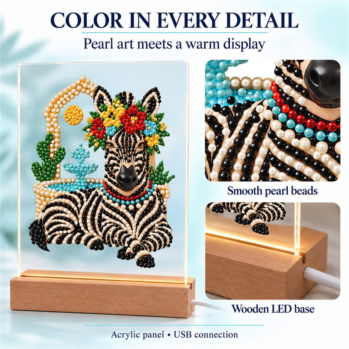 Flower-Crowned Zebra at Rest (Light-Up Pearl Painting)