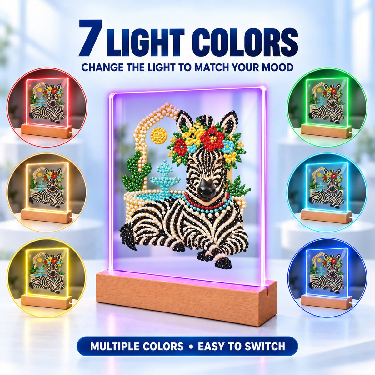 Flower-Crowned Zebra at Rest (Light-Up Pearl Painting)