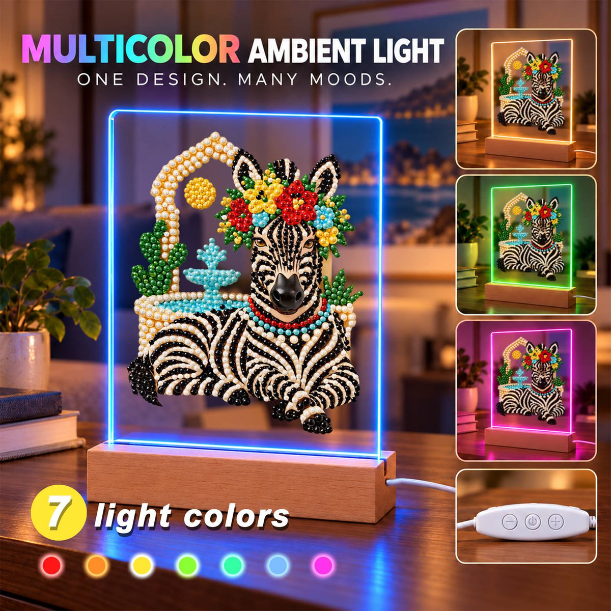 Flower-Crowned Zebra at Rest (Light-Up Pearl Painting)