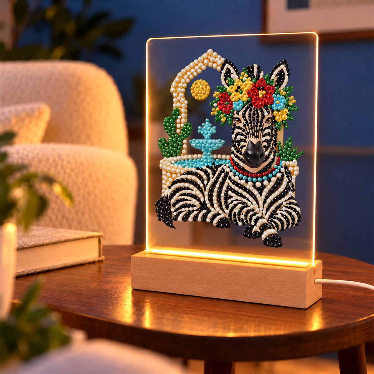 Flower-Crowned Zebra at Rest (Light-Up Pearl Painting)
