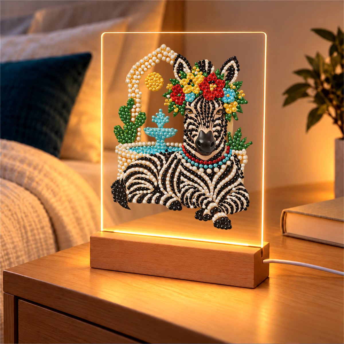 Flower-Crowned Zebra at Rest (Light-Up Pearl Painting)