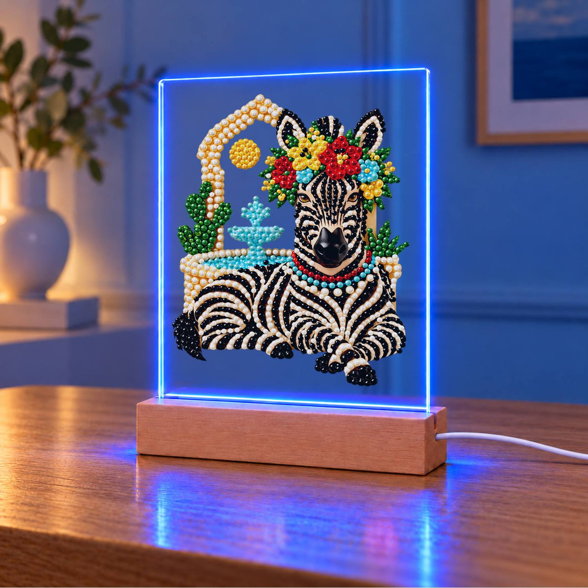 Flower-Crowned Zebra at Rest (Light-Up Pearl Painting)