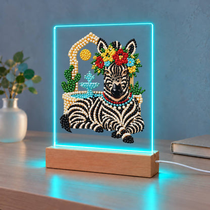 Flower-Crowned Zebra at Rest (Light-Up Pearl Painting)