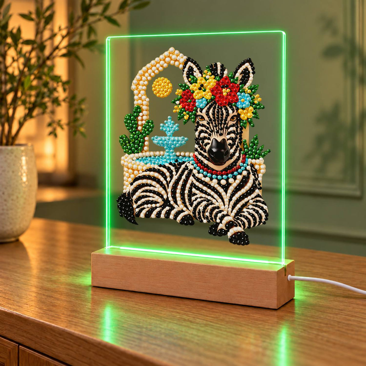 Flower-Crowned Zebra at Rest (Light-Up Pearl Painting)