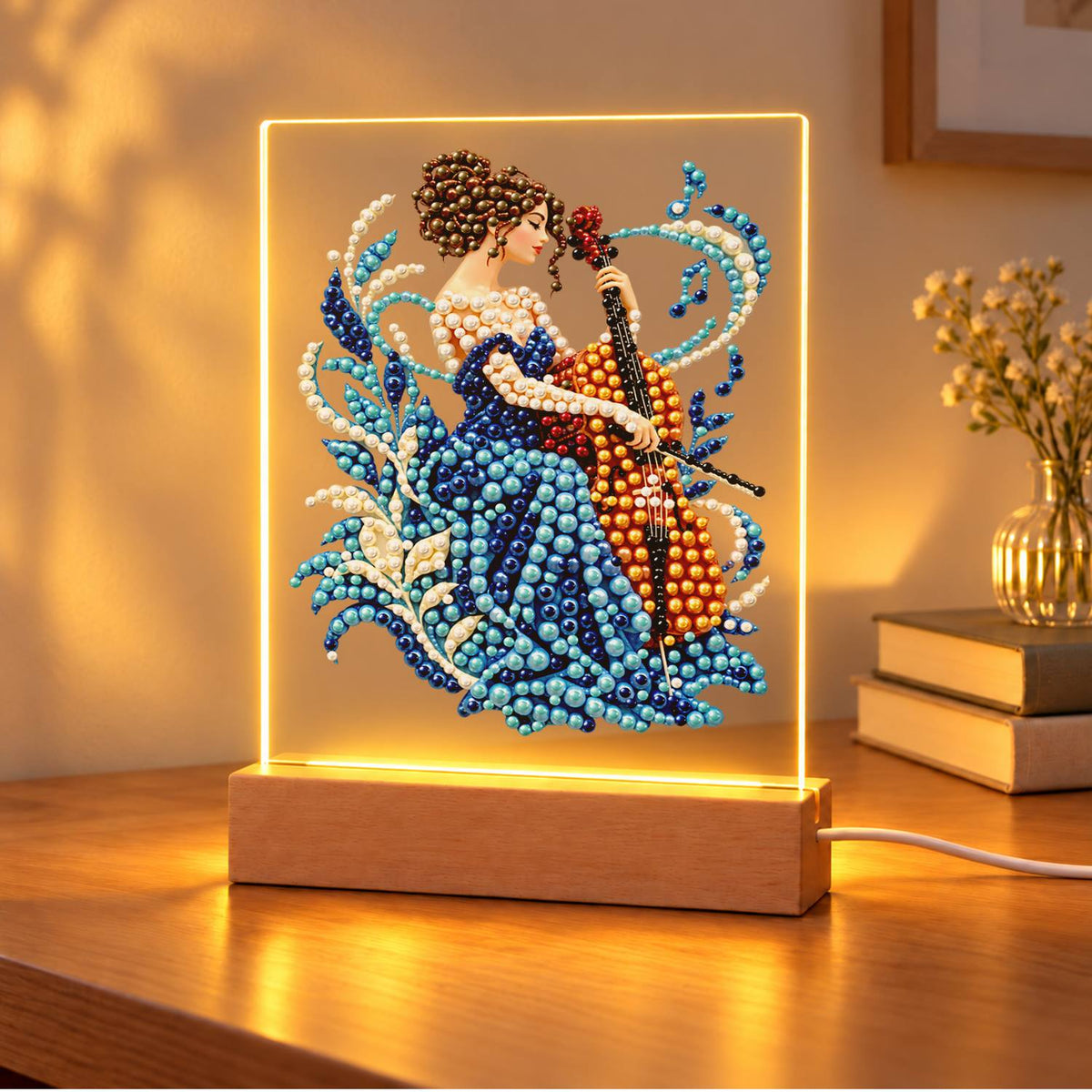 Cellist in a Sapphire Gown (Light-Up Pearl Painting)