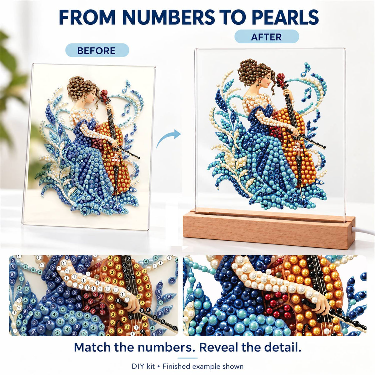 Cellist in a Sapphire Gown (Light-Up Pearl Painting)