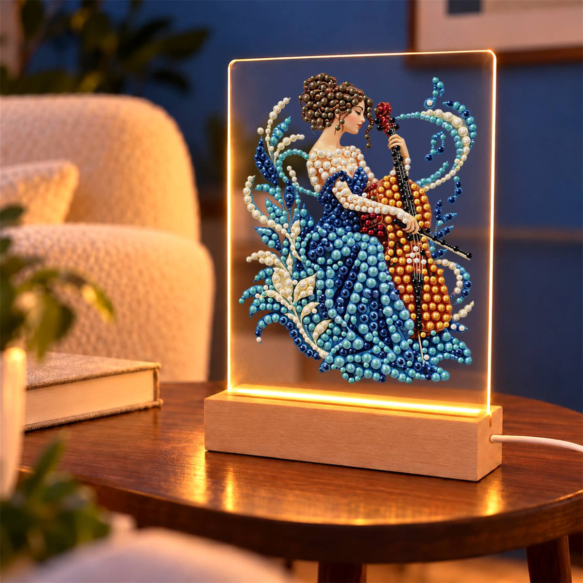 Cellist in a Sapphire Gown (Light-Up Pearl Painting)