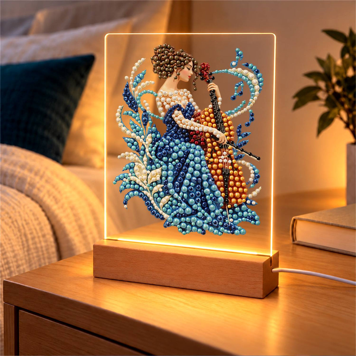 Cellist in a Sapphire Gown (Light-Up Pearl Painting)