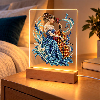 Cellist in a Sapphire Gown (Light-Up Pearl Painting)