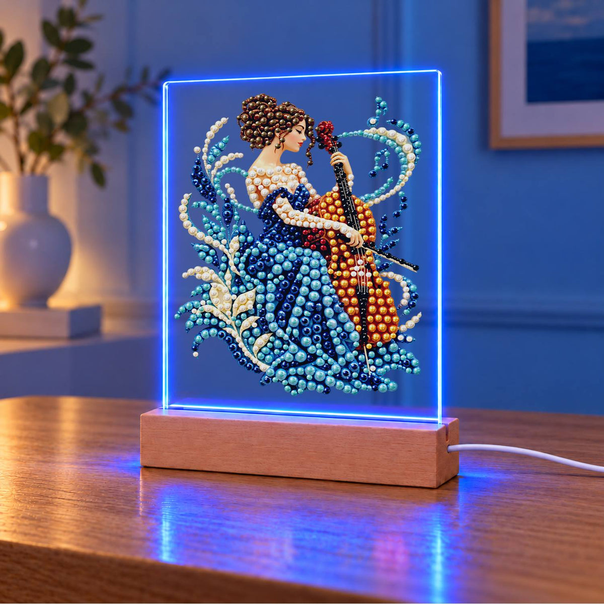 Cellist in a Sapphire Gown (Light-Up Pearl Painting)