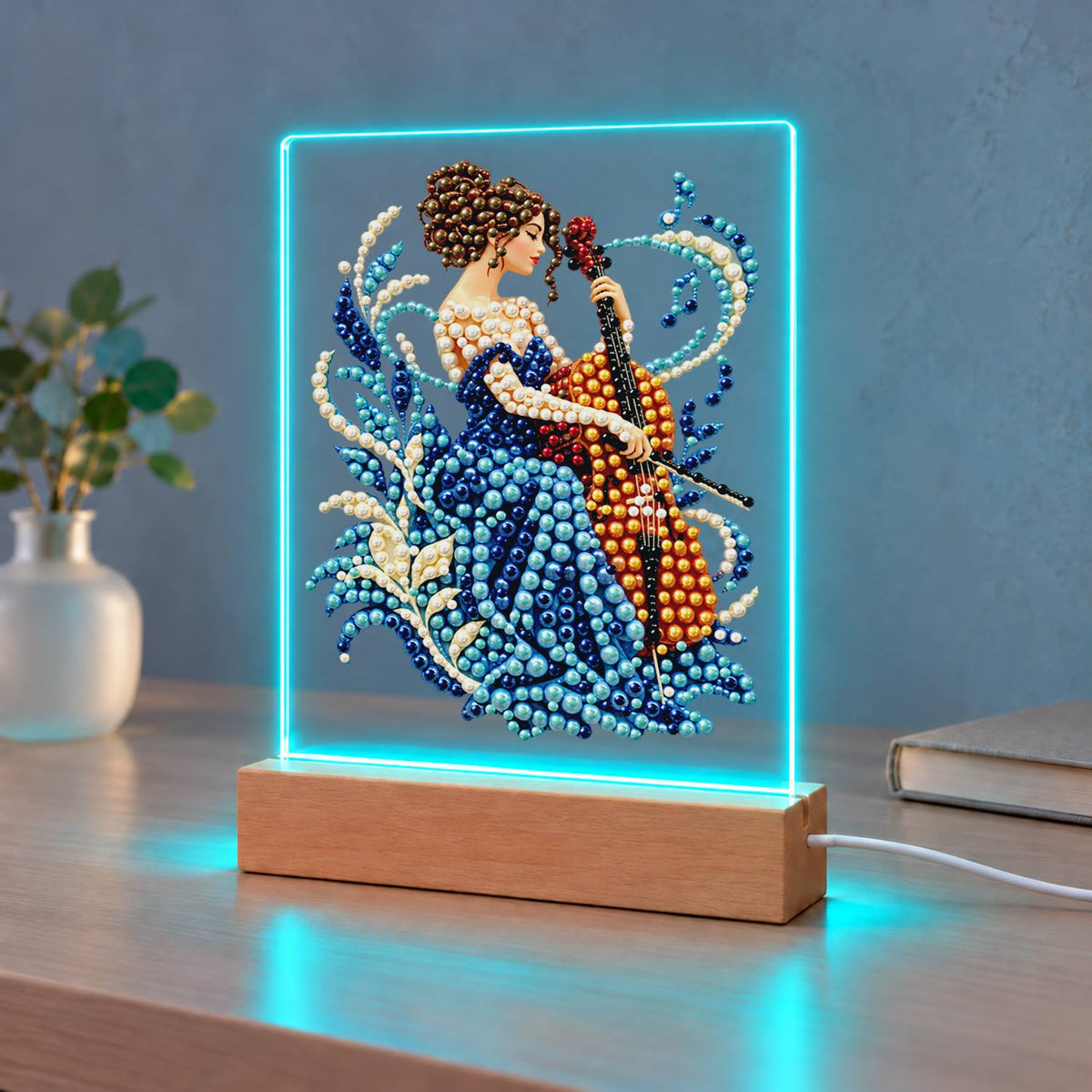 Cellist in a Sapphire Gown (Light-Up Pearl Painting)
