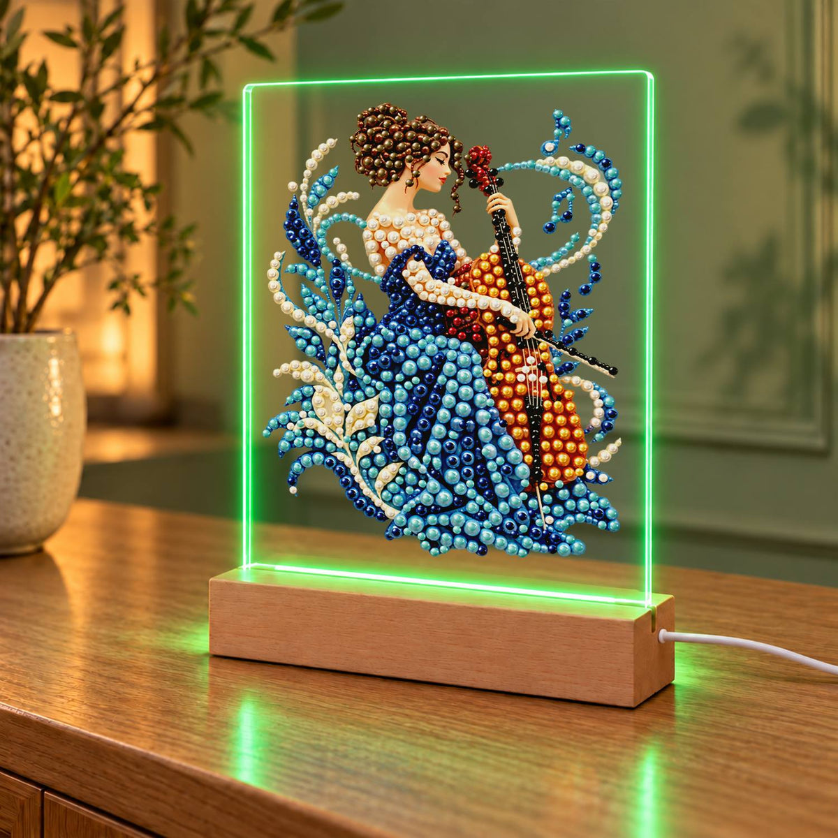Cellist in a Sapphire Gown (Light-Up Pearl Painting)