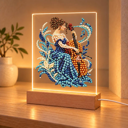 Cellist in a Sapphire Gown (Light-Up Pearl Painting)