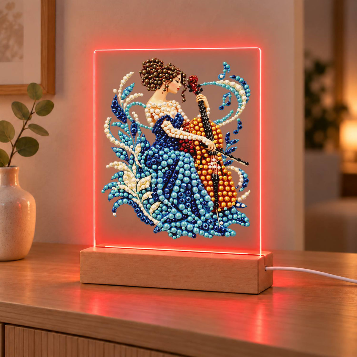 Cellist in a Sapphire Gown (Light-Up Pearl Painting)