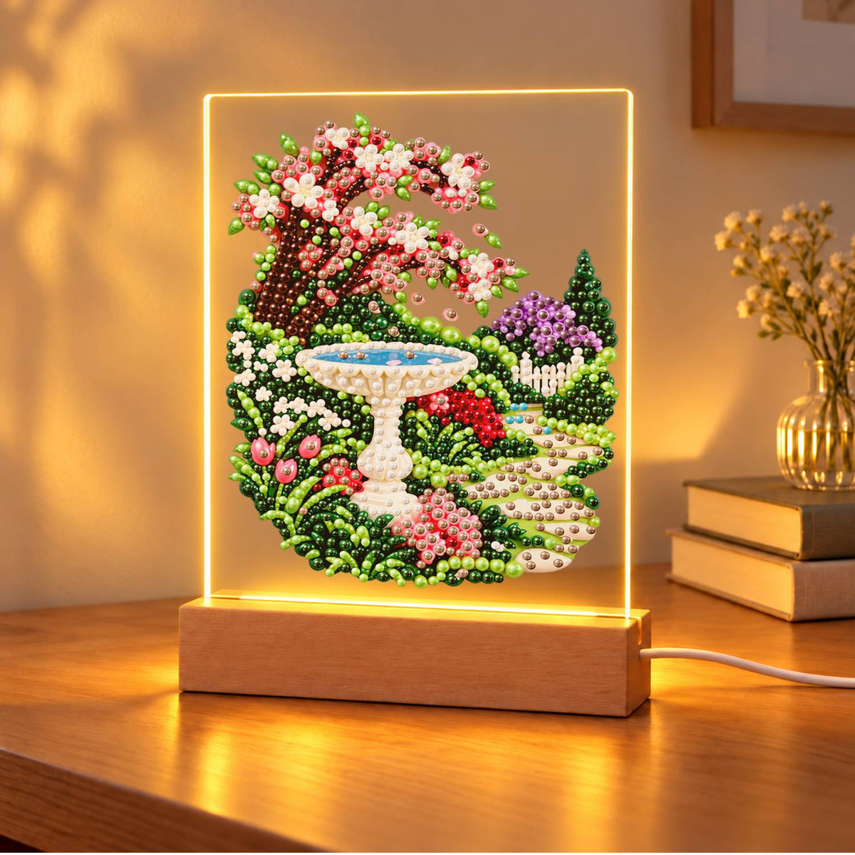 Stone Birdbath Under Pink Blossoms (Light-Up Pearl Painting)
