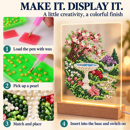 Stone Birdbath Under Pink Blossoms (Light-Up Pearl Painting)