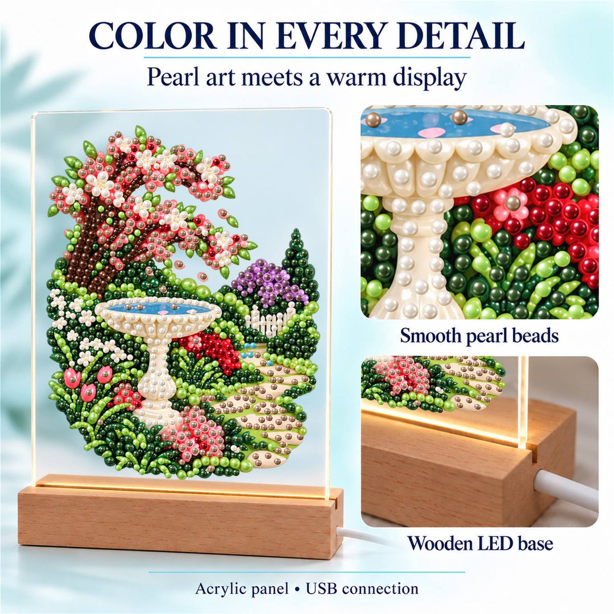 Stone Birdbath Under Pink Blossoms (Light-Up Pearl Painting)